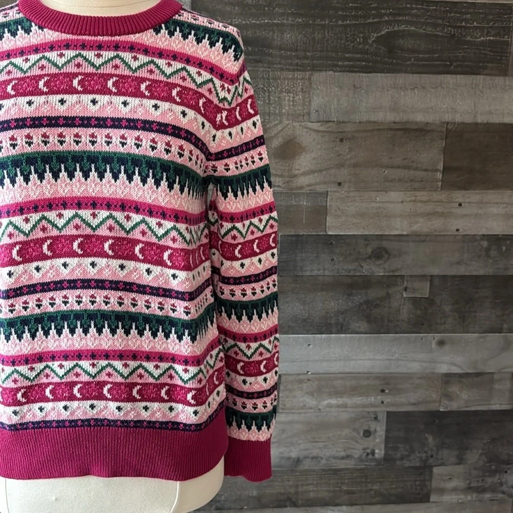 J.Crew pink green knit sweater small romantic feminine preppy holiday party